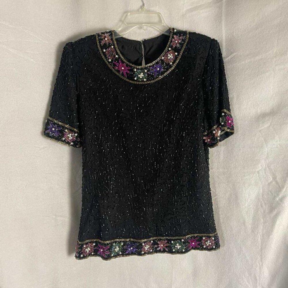 EUC Vintage Laurence Kazar Black Sequin & Beads 100% Silk Blouse size